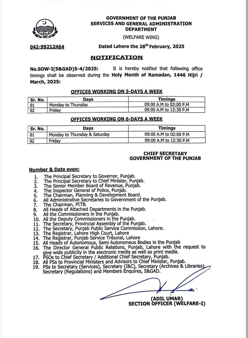 Punjab Government Announces Office Timings for Ramadan 2025